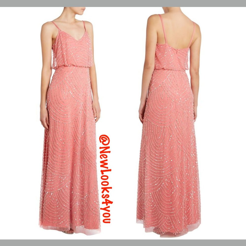 NEW‎ Adrianna Papell Art Deco Beaded Blouson Gown in Sorbet Pink [SZ 10 ]